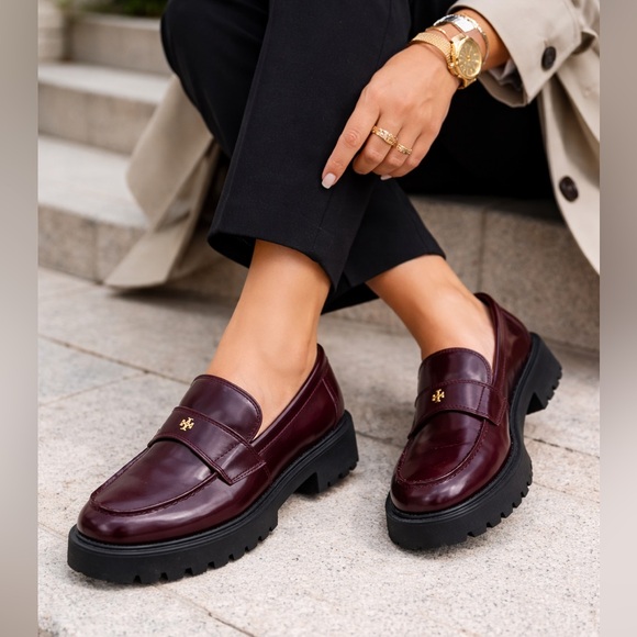 Tory Burch Shoes - Tory Burch Burgundy Leather Platform Loafers Chunky Lug Sole Slip On Shoes SZ 7